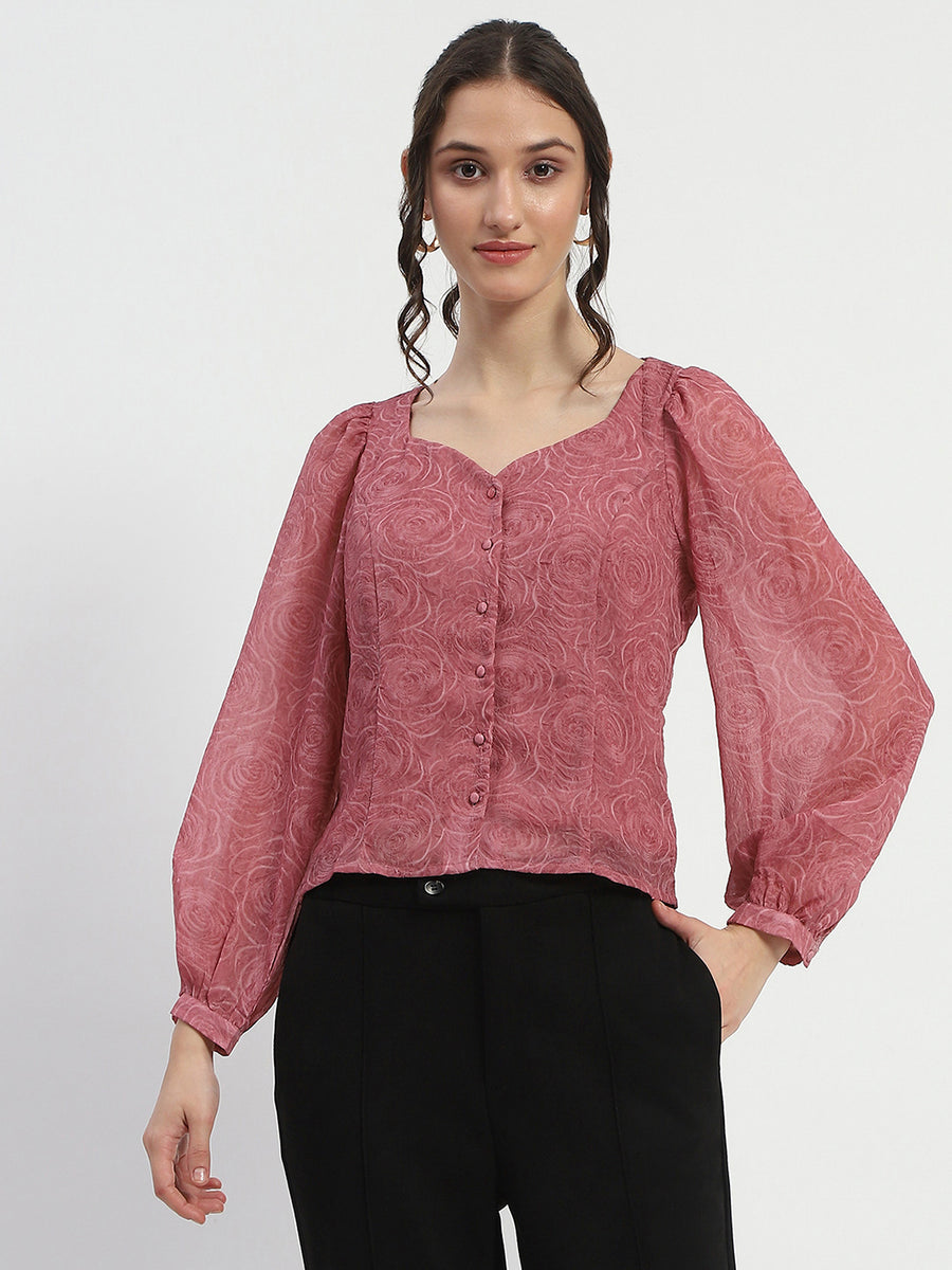 Madame Floral Print Queen Anne Neck Buttoned Pink Top