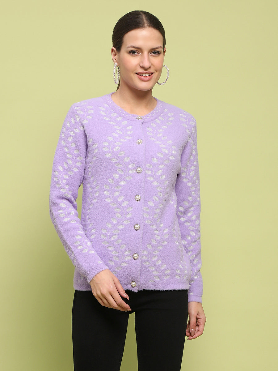 Madame Self Design Buttoned Lilac Cardigan