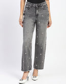 Madame Embellished Gray Wash Straight Fit Black Denim