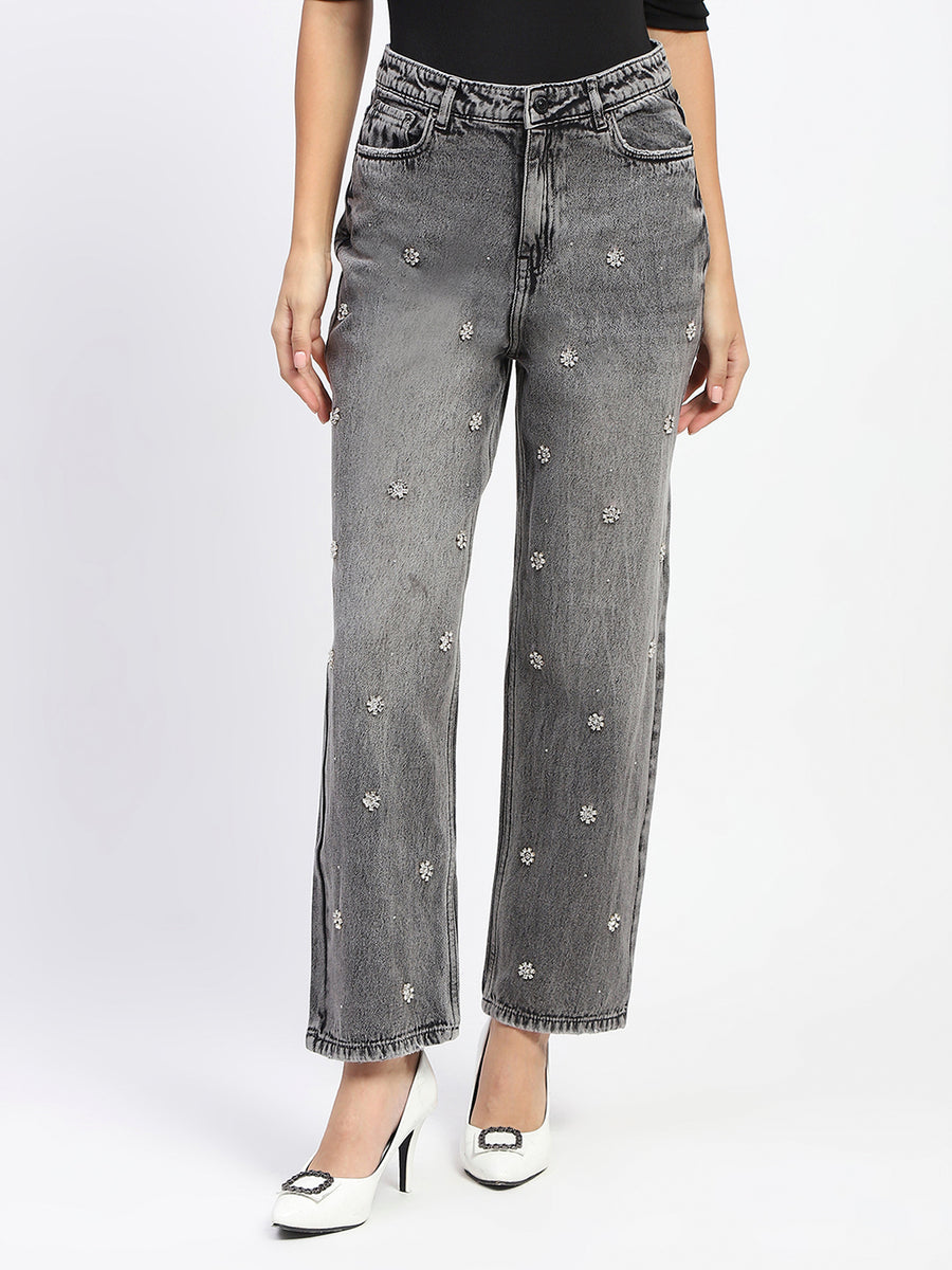 Madame Embellished Gray Wash Straight Fit Black Denim