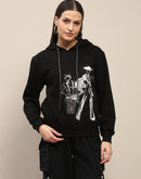 Madame Fleece Placement Print Black Hooded Sweatshirt