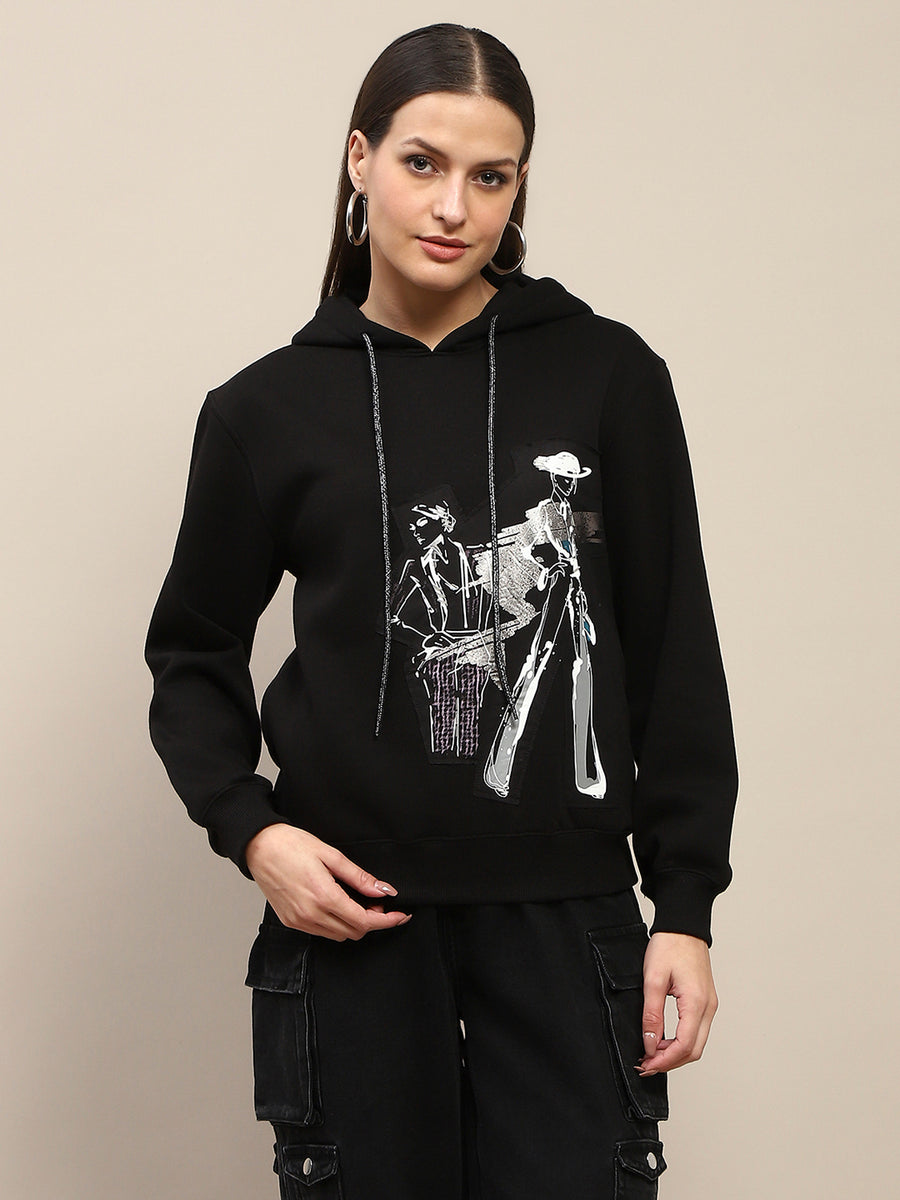 Madame Fleece Placement Print Black Hooded Sweatshirt