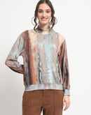 Madame Marble Print Full Sleeve Mock Neck Brown Top