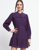 Madame Buckle Detailed Solid Purple Shirt Dress For Women