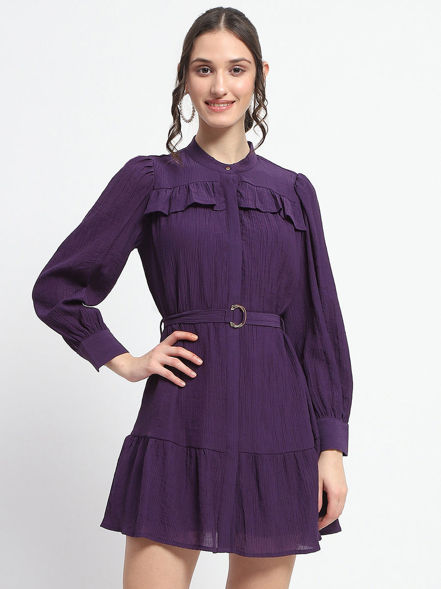 Madame Buckle Detailed Solid Purple Shirt Dress For Women