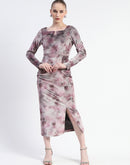 Madame Semi Sheer Side Slit Abstract Print Pink Dress