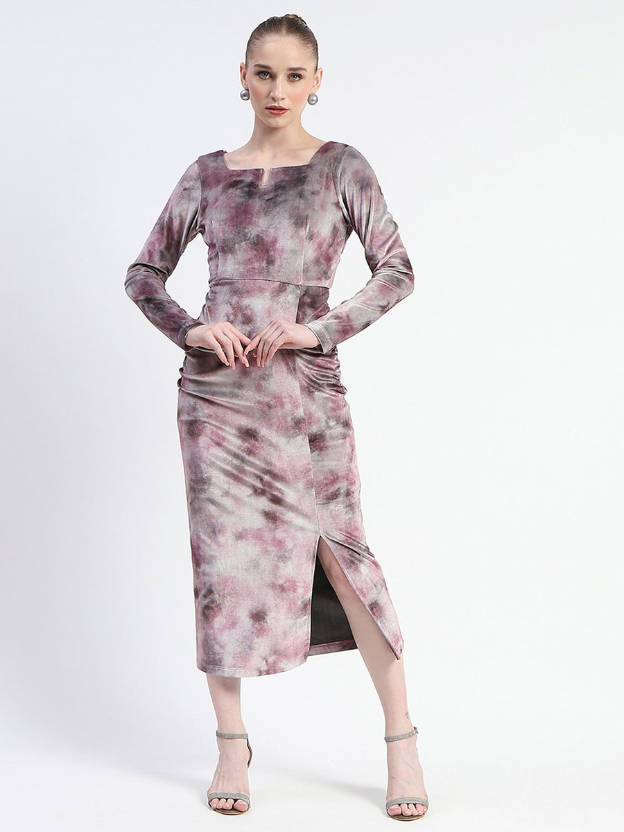 Madame Semi Sheer Side Slit Abstract Print Pink Dress