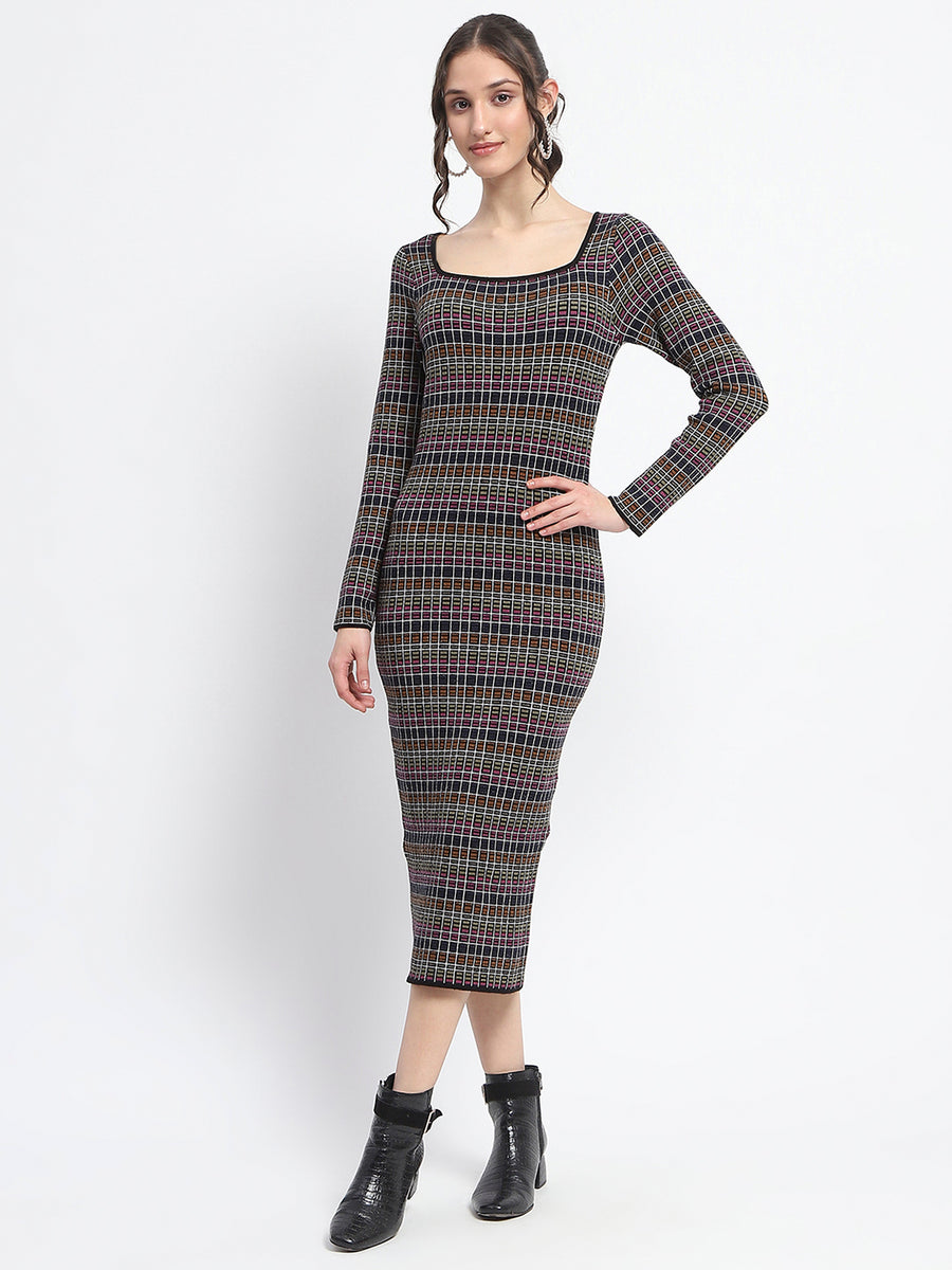 Madame Plaid Print Bodycon Multicolor Midi Dress