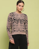 Madame Printed Crew Neck Full Sleeve Brown Sweater