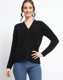 Madame Cable Knit V Neck Black Acrylic Blend Cardigan