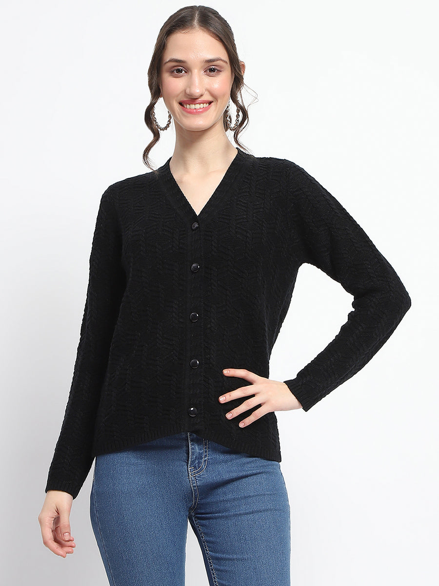 Madame Cable Knit V Neck Black Acrylic Blend Cardigan