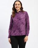 Madame Leaf Print Button-Down Purple Shirt