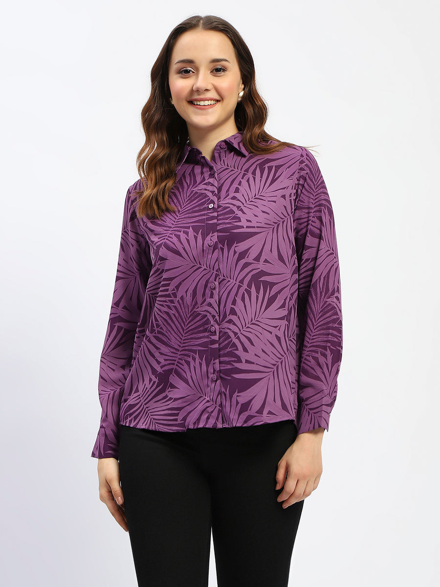 Madame Leaf Print Button-Down Purple Shirt