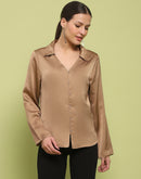 Madame Satin Bell Sleeve Collared Solid Golden Yellow Top