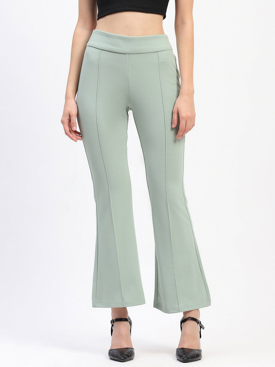 Madame Pleated Elasticated Waist Solid Moss Green Trousers