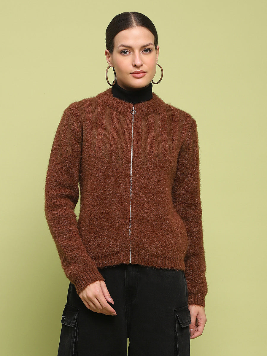 Madame Stripe Detailed Zipped Tan Sweater