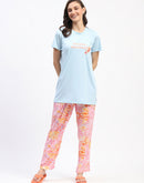 mSECRET Typography Adorned Sky Blue T-shirt with Floral Print Pyjama Nightsuit Set