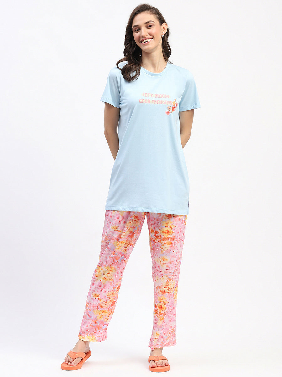 mSECRET Typography Adorned Sky Blue T-shirt with Floral Print Pyjama Nightsuit Set