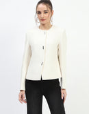 Madame Metal Buttoned Crew Neck Beige Short Coat