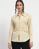 Madame Ruched Waist Wing Necked Solid Beige Cotton Shirt