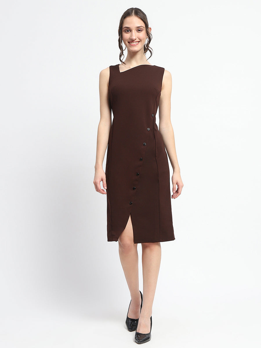 Madame Button Detailed Chocolate Brown Bodycon Knit Dress