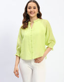 Madame Neon Green Mandarin Neck Frill Sleeve Buttoned Tencel Top