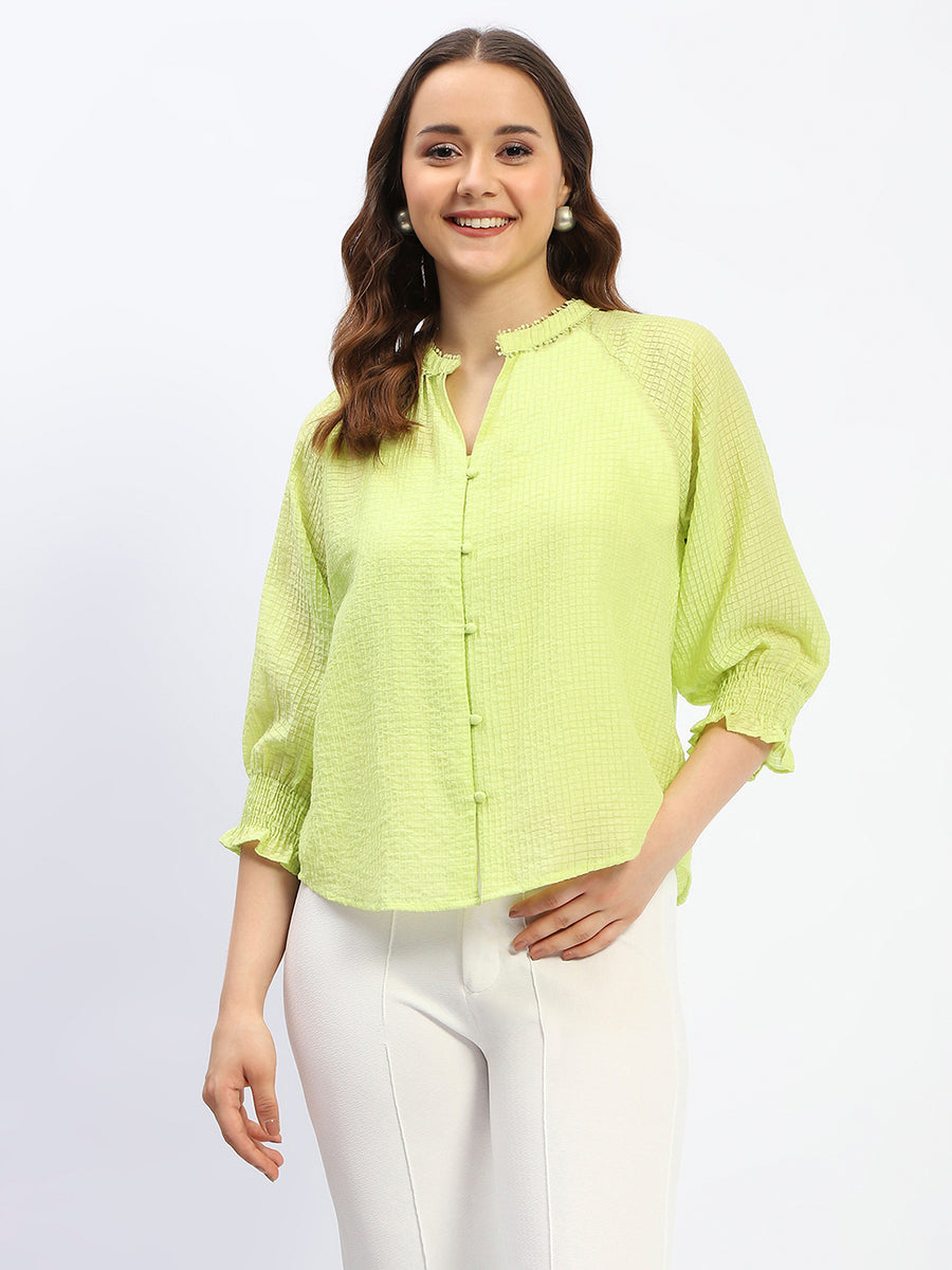 Madame Neon Green Mandarin Neck Frill Sleeve Buttoned Tencel Top