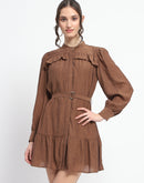 Madame Buckle Detailed Solid Chocolate Brown Shirt Dress