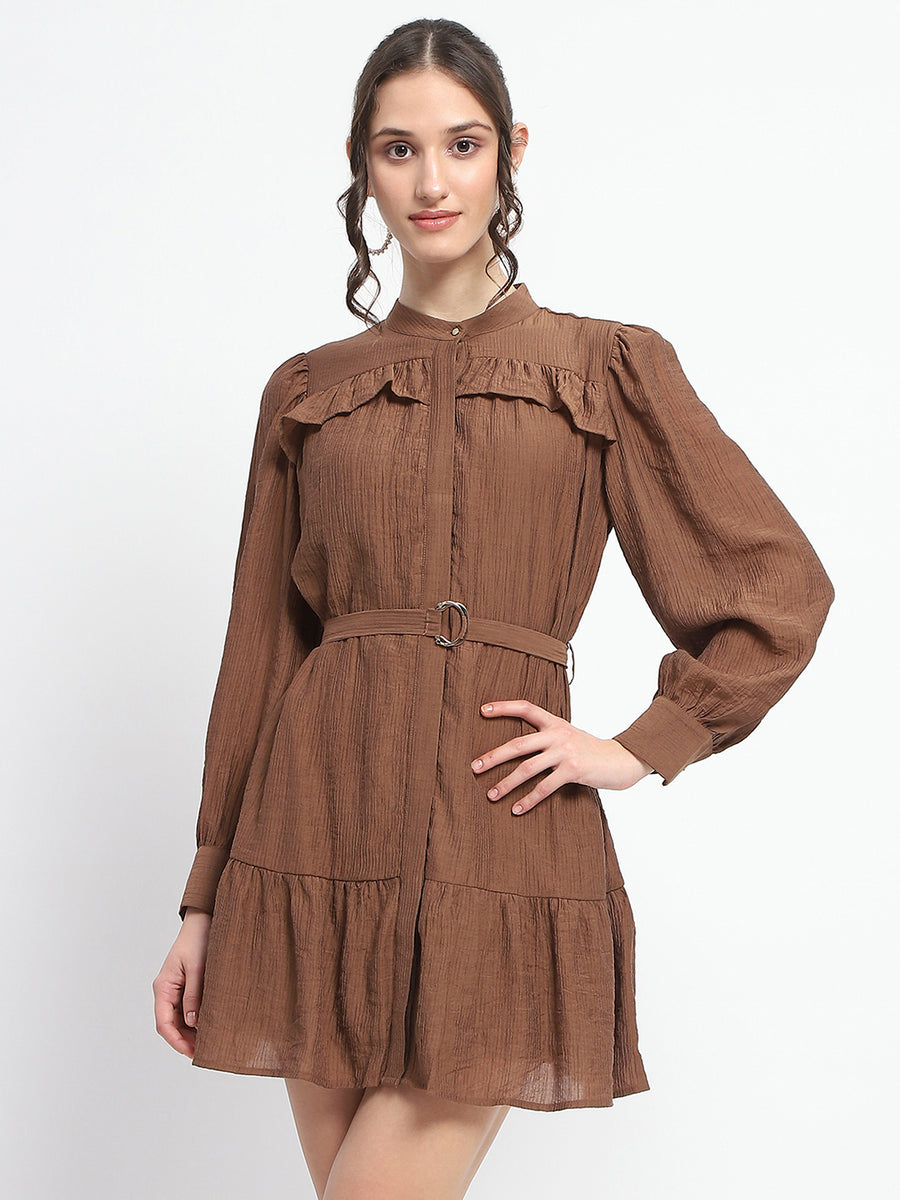 Madame Buckle Detailed Solid Chocolate Brown Shirt Dress