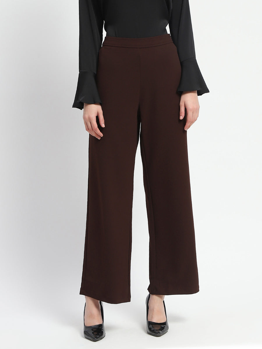 Madame Straight Fit Elasticated Waist Solid Coffee Trousers