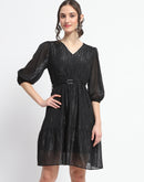 Madame Shimmery Tiered Belted Waist Black Midi Dress