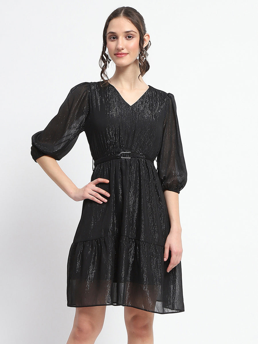 Madame Shimmery Tiered Belted Waist Black Midi Dress