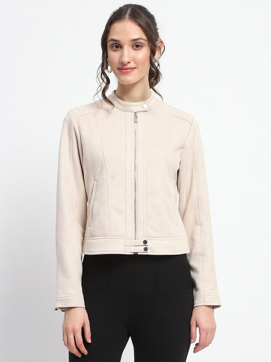 Madame Flap Collared Beige Suede Jacket