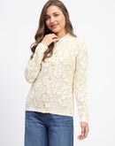 Madame Mock Neck Textured Beige Cardigan