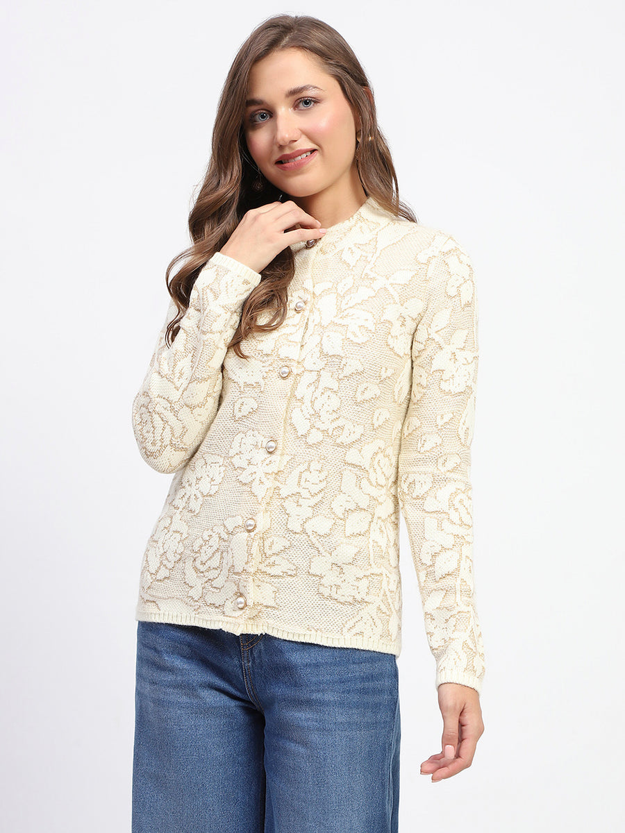 Madame Mock Neck Textured Beige Cardigan