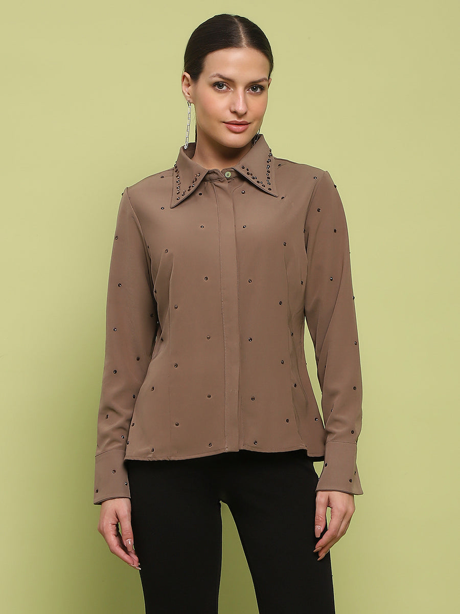 Madame Allover Embellished Brown Shirt