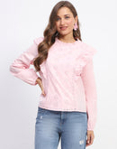 Madame Schilffli Adorned Ruffle Neck Pink Cotton Top