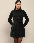 Madame Belted Button Down Black Mini Shirt Dress