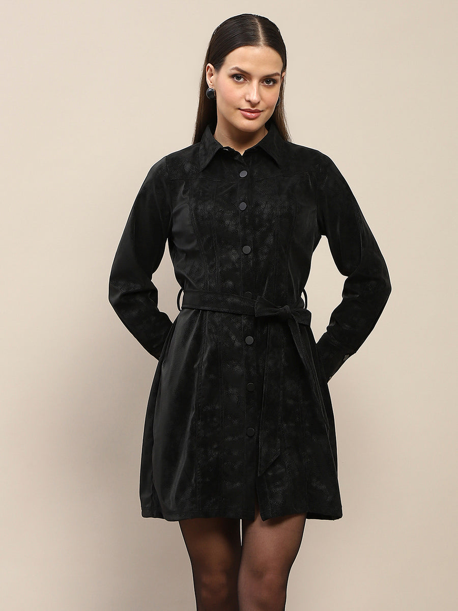 Madame Belted Button Down Black Mini Shirt Dress