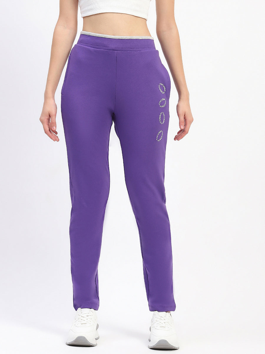 mSECRET Typography Adorned Elastic Waisted Cotton Purple Track Bottoms