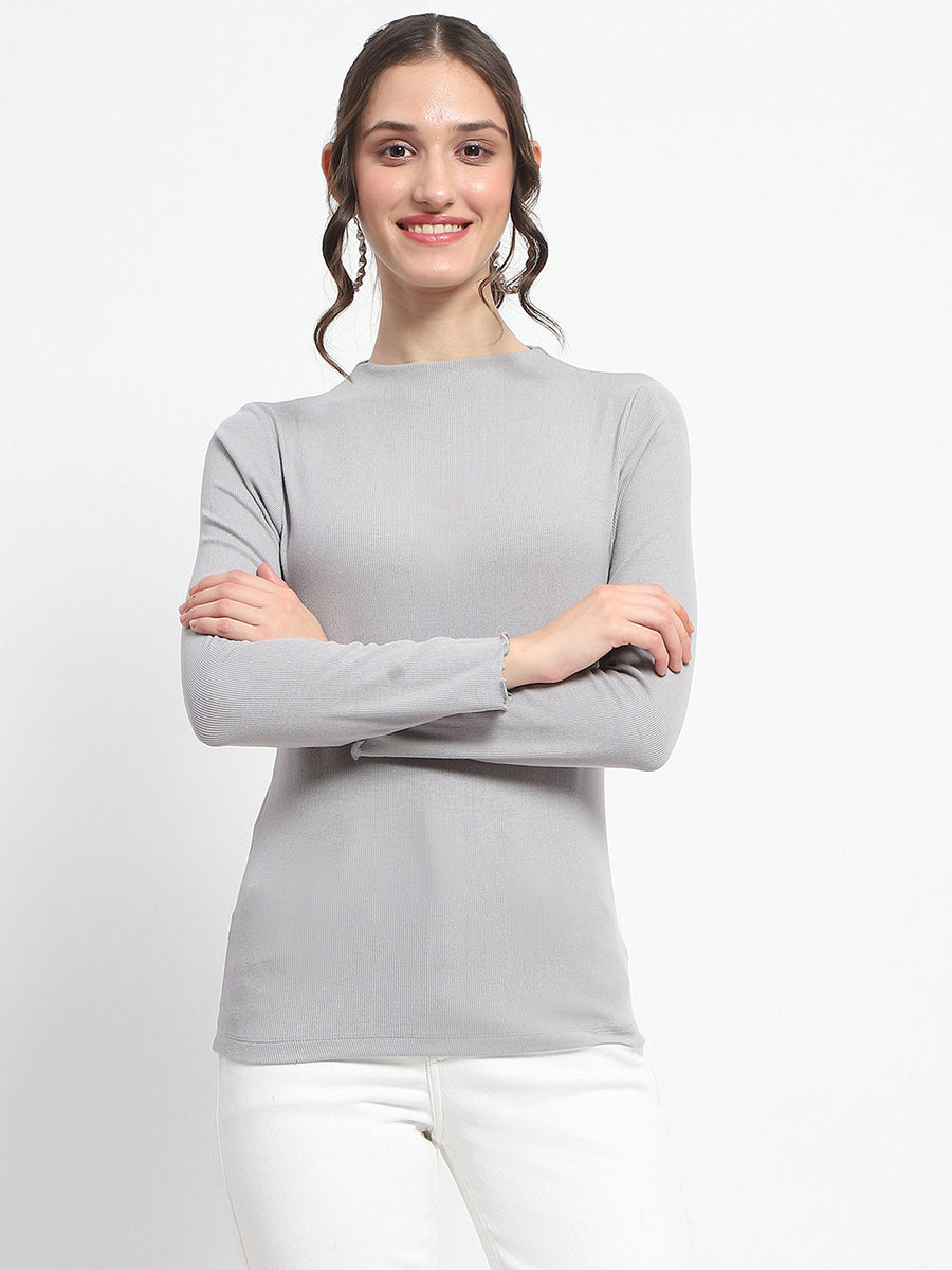 Madame High Neck Full Sleeve Solid Grey Top