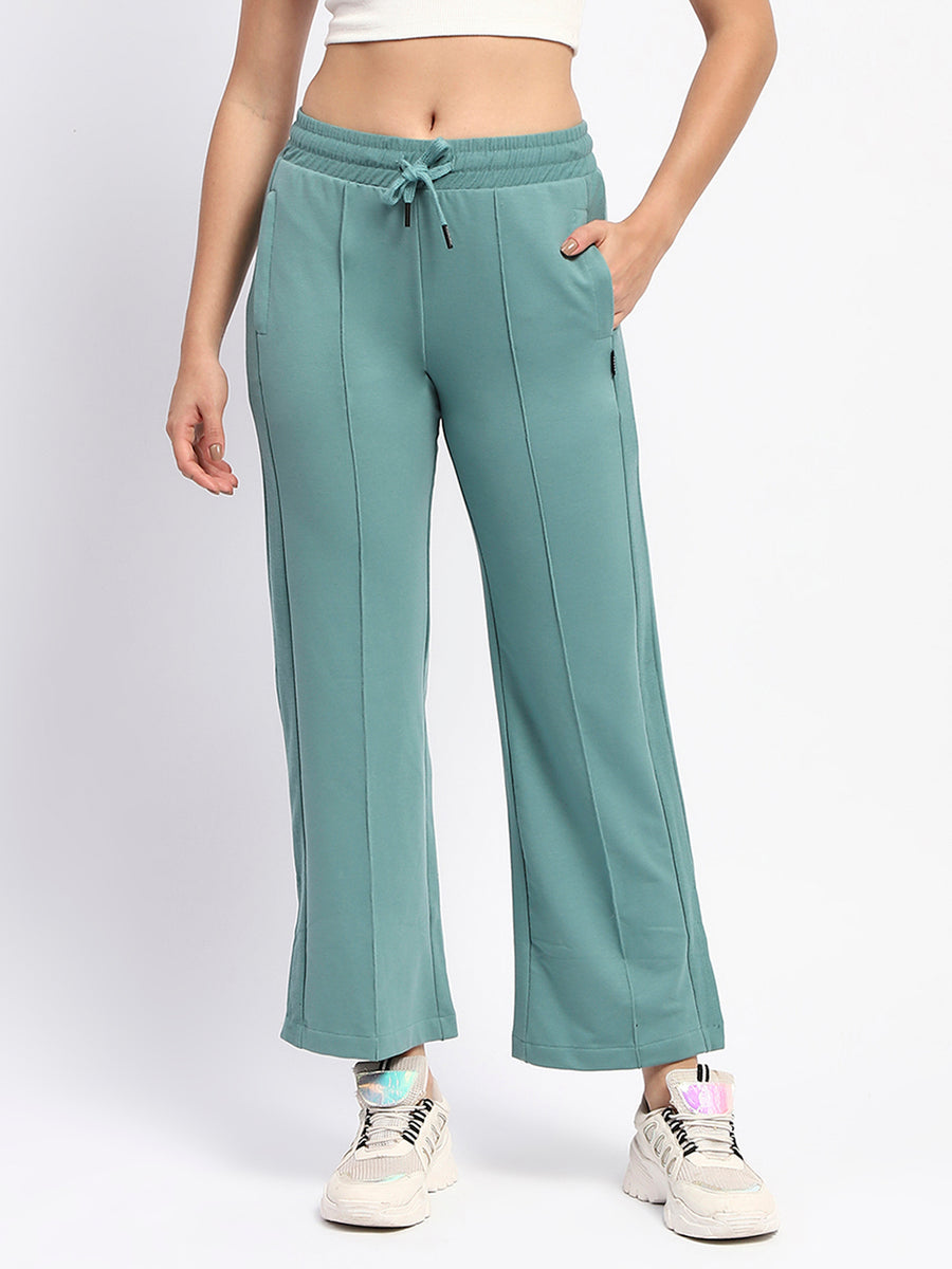 mSECRET Drawstring Waist Pleated Solid Green Bootcut Cotton Track Bottoms