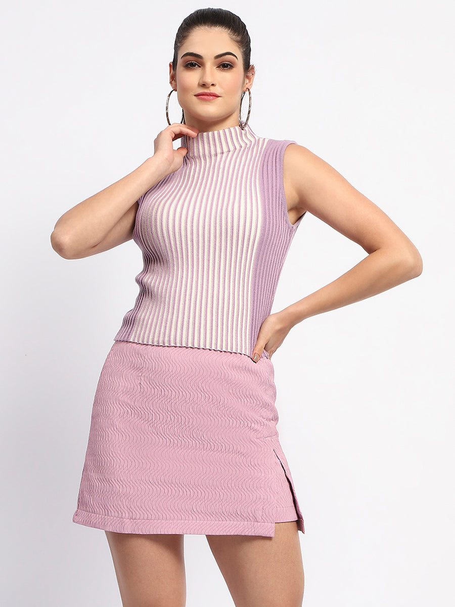 Madame Colorblock Ribbed Mock Neck Lilac Top