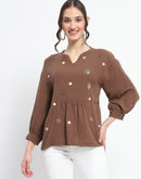 Madame Solid Chocolate Brown Embroidery Detailed Cotton Top