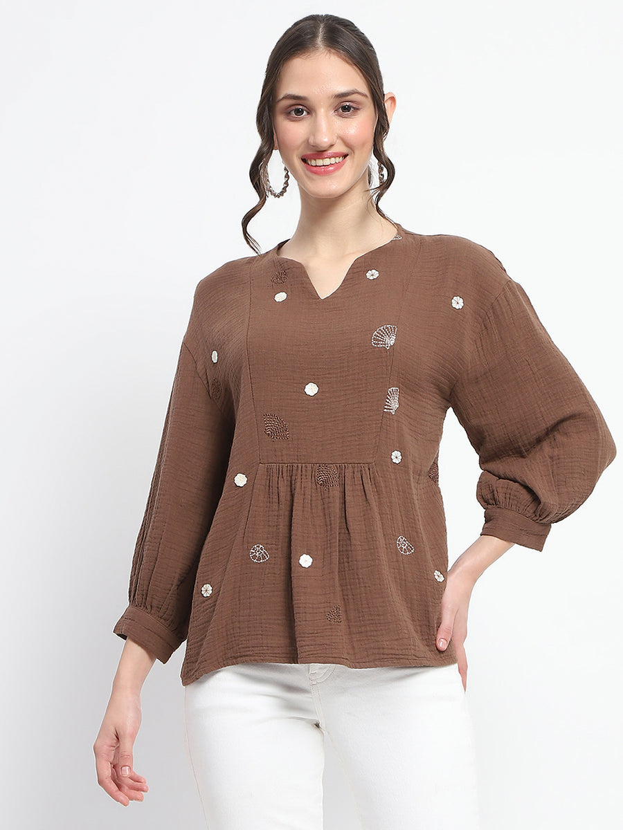 Madame Solid Chocolate Brown Embroidery Detailed Cotton Top