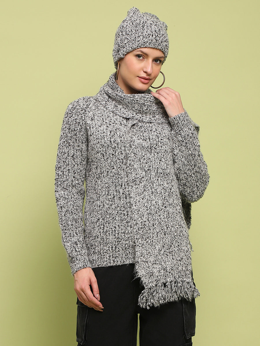 Madame Self Design Regular Fit Grey Sweater