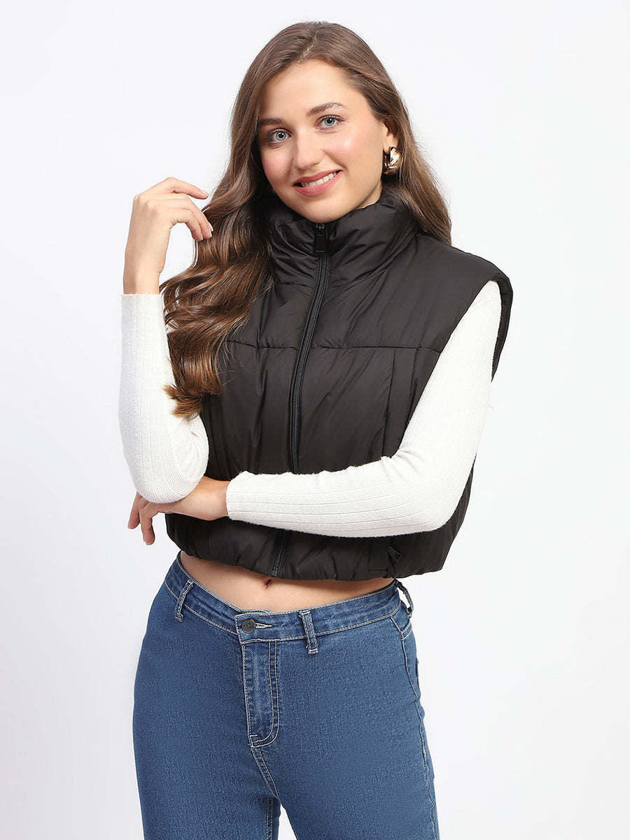 Madame High Neck Sleeveless Black Crop Puffer Jacket