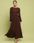 Madame Pleated Front Buckle Detailed Solid Chocolate Maxi Dress