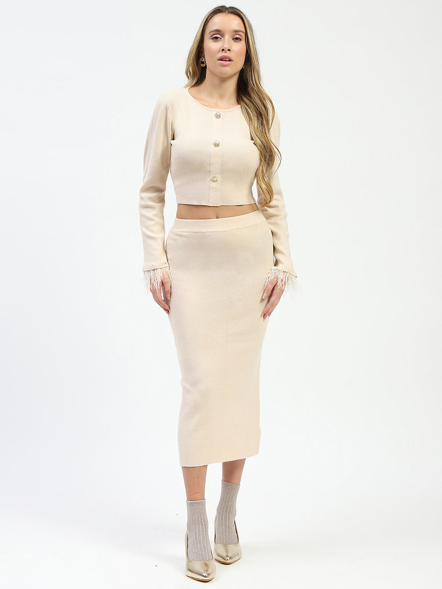 Madame Fur Sleeve Bodycon Beige Knit Co-ord Set