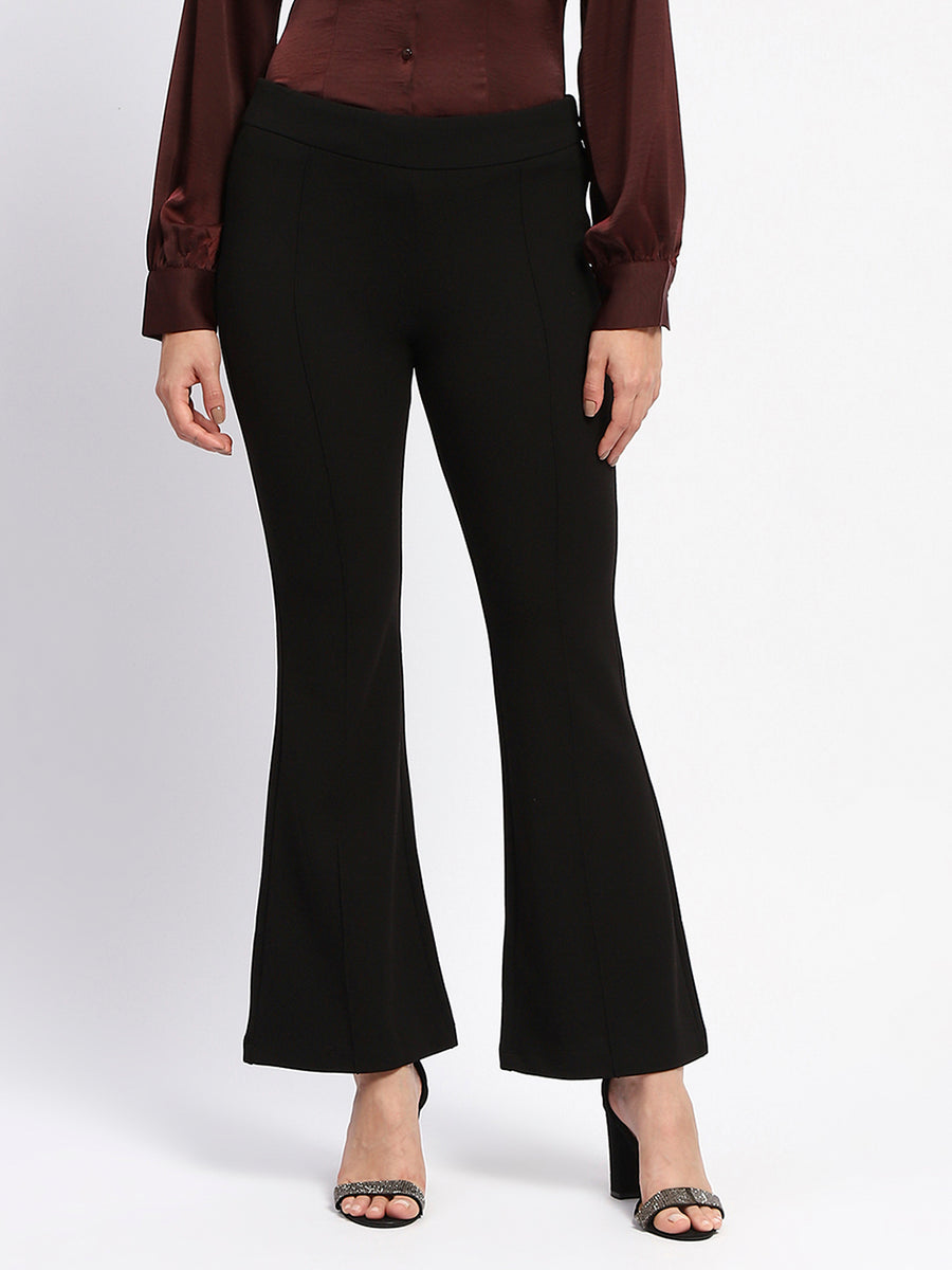 Madame Elasticated Waist Front Pleated Flared Black Trousers